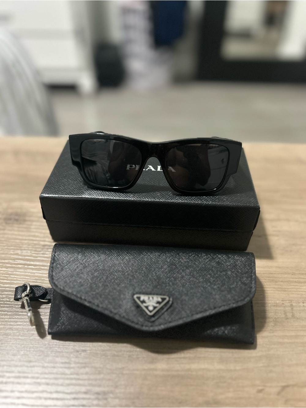 Prada Black Rectangular Sunglasses with Dark Lenses